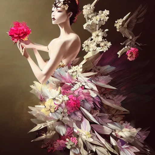 Prompt: 3 / 4 view of a beautiful girl wearing an origami dress, eye - level medium shot, fine floral ornaments in cloth and hair, hummingbirds, elegant, by eiko ishioka, givenchy, by ruan jia, by peter mohrbacher, centered, fresh colors, origami, fashion, detailed illustration, vogue, japanese, reallusion character creator