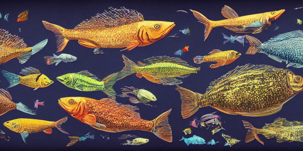 Image similar to full color page scan of vintage fish illustrations on black background, in matte painting, 2 d, kitbash, 4 k,