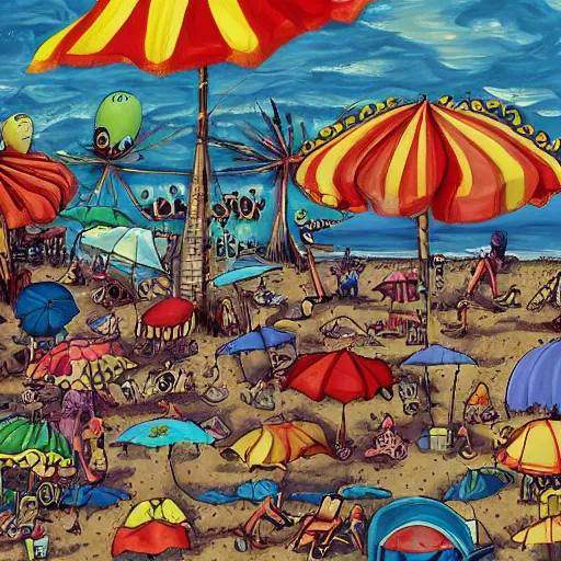 Image similar to a busy summer beach by tim burton