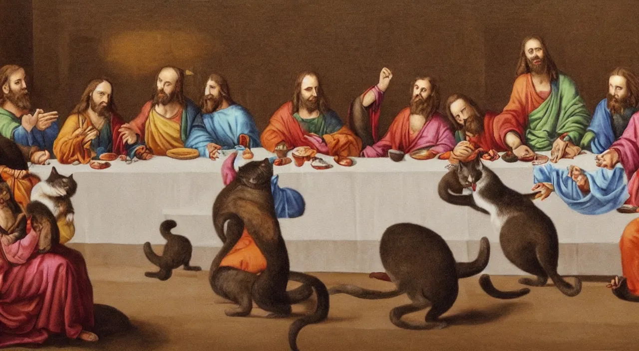 Prompt: painting of the last supper portrayed by cute cats