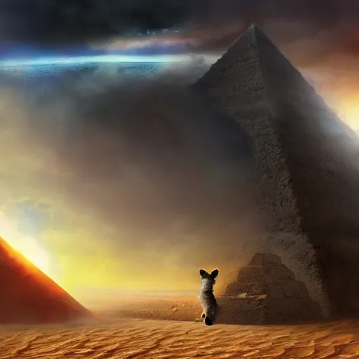 Prompt: In front a evil raccoon ploting the destruction of earth, in background a giant stormy rift in reality opens over a pyramid in the desert, award-winning, trending on artstation, oil on canvas, masterpiece, matte painting