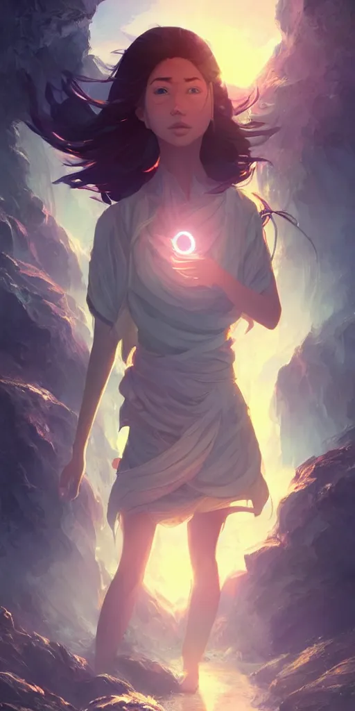 Image similar to beautiful young Himalayan woman with psychic powers, floating in a cave, sad, futuristic, somber, sci-fi summer fashion , by Makoto Shinkai and Wojtek Fus, by studio trigger, rossdraws, dramatic lighting, reflective light