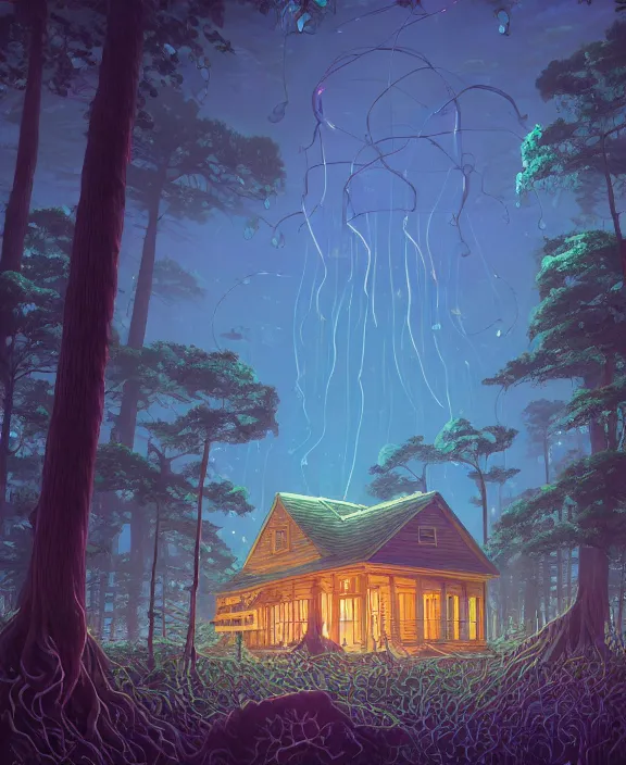 Image similar to an enormous schoolhouse made from jellyfish, overgrown with huge bioluminescent exotic fungus, deep in the woods, noon, sun drenched, partly cloudy, by dan mumford, yusuke murata, makoto shinkai, ross tran, cinematic, unreal engine, cel shaded, featured on artstation, pixiv