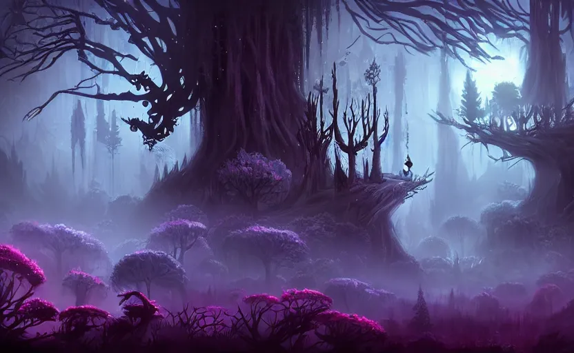 Image similar to dark ominous mysterious ambient magical forest landscape painting, fantasy, dreamlike, foggy, romantic, in the style of Ori and the Blind Forest