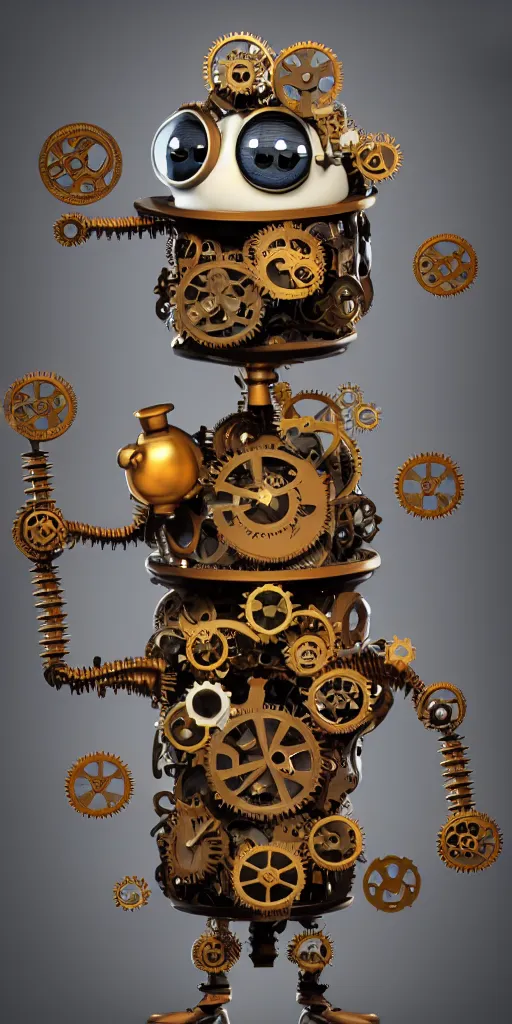 Prompt: a tiny cute steampunk monster with cogs and screws and big eyes smiling and waving, back view, isometric 3d, ultra hd, character design by Mark Ryden and Pixar and Hayao Miyazaki, unreal 5, DAZ, hyperrealistic, octane render, cosplay, RPG portrait, dynamic lighting, intricate detail, summer vibrancy, cinematic