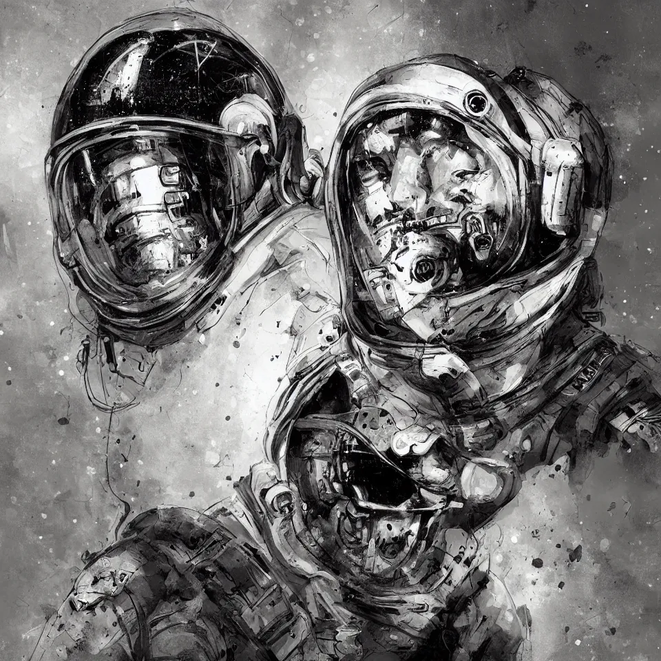 Image similar to album cover, portrait of a astronaut wearing head phones by ben templesmith, cinematic, epic composition, hd, digital painting, digital art, concept art, illustration, comic art, stylized, masterpiece, award - winning