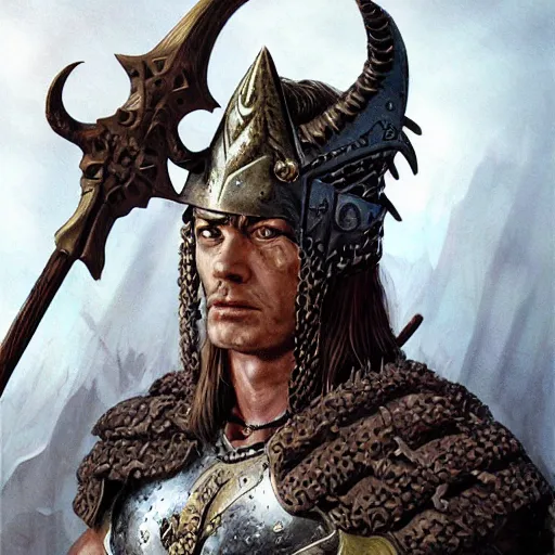 Image similar to Portrait of Conan the conqueror , in a horned helmet, scant chainmail armor, wielding an axe, muscular male, fantasy, extremely detailed, mixed media comic book style illustration, artstation, fantasy art, sharp focus, perfectly symmetrical facial features, intimate lighting, art by Frank Frazetta, Simon Bisley and Bill Sienkiewicz , hyperrealism, dark fantasy, foreboding atmosphere, perfect ratio, hyperdetailed, highest resolution, heavily detailed and complex