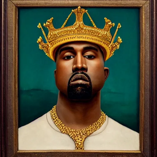 Image similar to a renaissance style portrait painting of kanye west wearing a crown