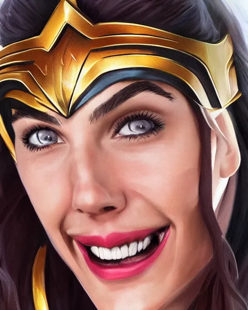 Image similar to cu portrait photo of a smiling gal gadot playfully sticking out her tongue while dressed as wonder woman, photorealistic, trending on artstation