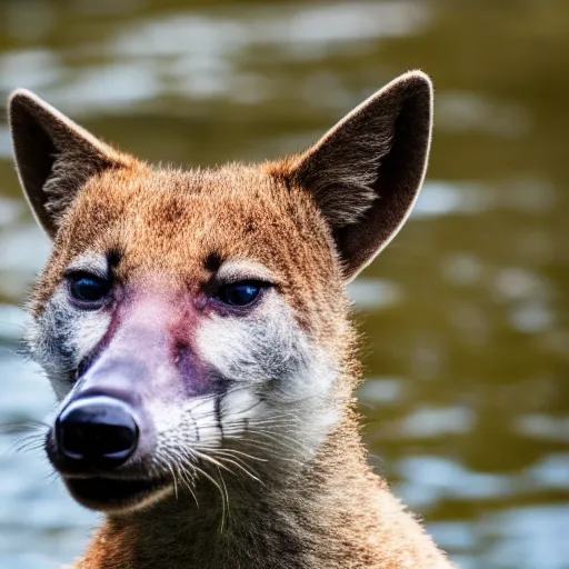 Image similar to close up photo of a rare thylacine, drinking water from a lake in tasmania, bokeh, 1 0 0 mm lens, 4 k award winning nature photography. masterpiece