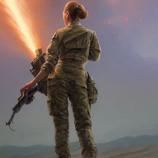 Prompt: a portrait of an soldier woman, lighting strike in the backround, battlefield, explosions digital painting, artstation, concept art, donato giancola, Joseph Christian Leyendecker, WLOP, Boris Vallejo, Breathtaking, 8k resolution, extremely detailed, beautiful, establishing shot, artistic, hyperrealistic, octane render, cinematic lighting, dramatic lighting, masterpiece, light brazen, extremely detailed and beautiful face, centered, smooth, sharp focus