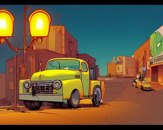 Image similar to a study of cell shaded cartoon of a yellow truck on a country road, street lamps, road, illustration, wide shot, subtle colors, post grunge, concept art by josan gonzales and wlop, by james jean, Victo ngai, David Rubín, Mike Mignola, Laurie Greasley, highly detailed, sharp focus, alien, Trending on Artstation, HQ, deviantart, art by artgem