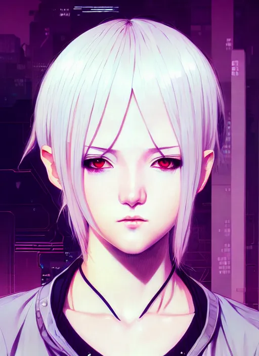 Image similar to portrait Anime girl cyberpunk, cute-fine-face, white-hair pretty face, realistic shaded Perfect face, fine details. Anime, cyberpunk. realistic shaded lighting by Ilya Kuvshinov and Gustav Klimt