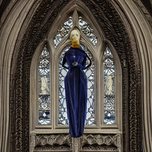 Prompt: architectural shot, no decaying lines, alabaster gothic cathedral, gothic sapphire female statue, intricate arabesque detailed silk dressed, macro head face