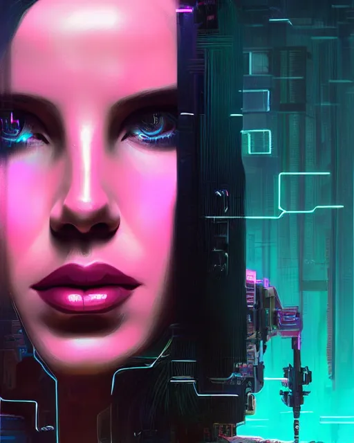 Image similar to portrait of lana del rey as a cyborg. intricate abstract. intricate artwork cyberpunk by tooth wu, wlop, beeple, dan mumford. octane render, trending on artstation, greg rutkowski very coherent symmetrical artwork. cinematic, hyper realism, high detail, octane render, 8 k, key art blue and pink iridescent accents