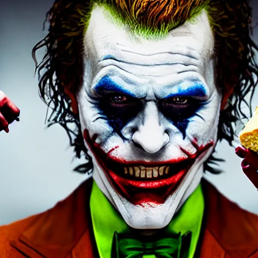 Image similar to cinematic shot of the joker biting into a flour biscuit, 8 k, very detailed, very intricate,