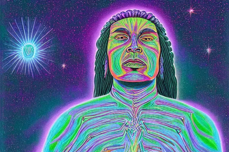 Image similar to digital art of a spiritual native american man looking up at the stars, glowing light, acrylic art, universe, painting, pastel colors, alex grey,