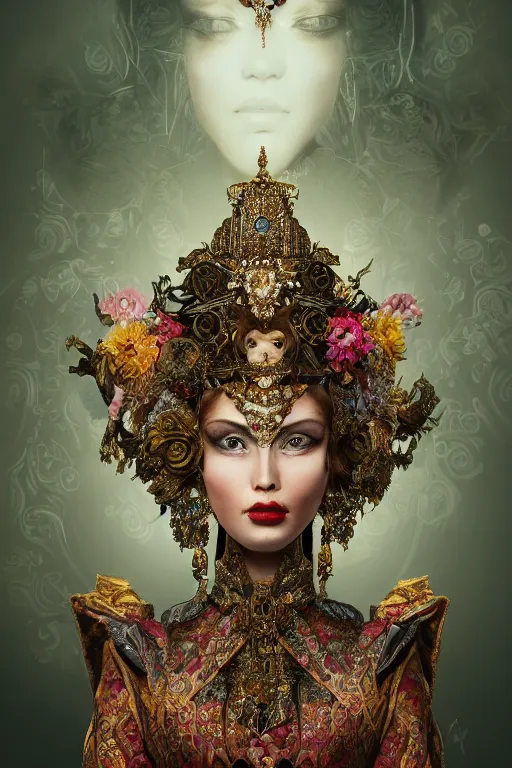 Image similar to a beautiful empress portrait, with a brilliant, impossible striking big Cat headpiece, clothes made of cats, everything cats, symmetrical, dramatic studio lighting, rococo, baroque, greens, asian, hyperrealism, closeup, D&D, fantasy, intricate, elegant, highly detailed, digital painting, artstation, octane render, 8k, concept art, matte, sharp focus, illustration, art by Artgerm and Greg Rutkowski and Alphonse Mucha