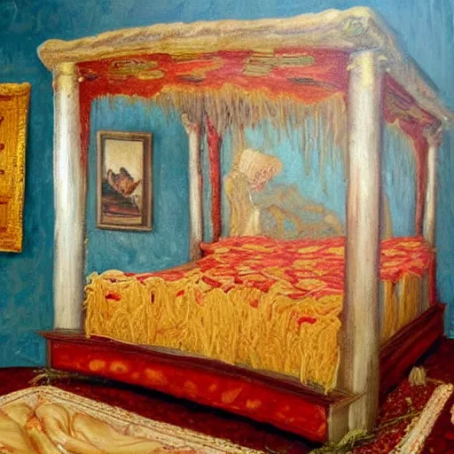 Prompt: a four poster bed made out of pizza, stringy melted cheese blanket, oily pepperoni pillows, stuffed crust of dreams, in the style of oil painting, detailed brushstroke,