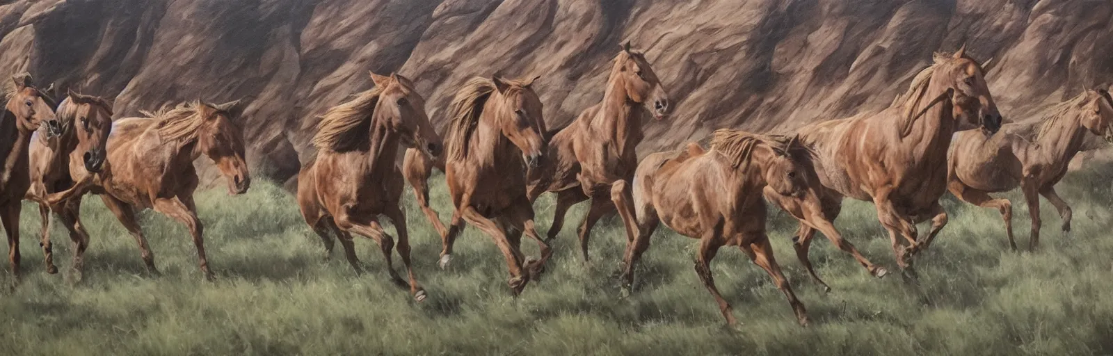 Prompt: lots of horses running through the canyon, hyper realistic, more details, they might be crawling, original oil on canvas painting by sydney mount