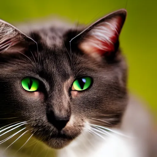 Prompt: A cat with red eyes and fangs staring at the camera, 4k.