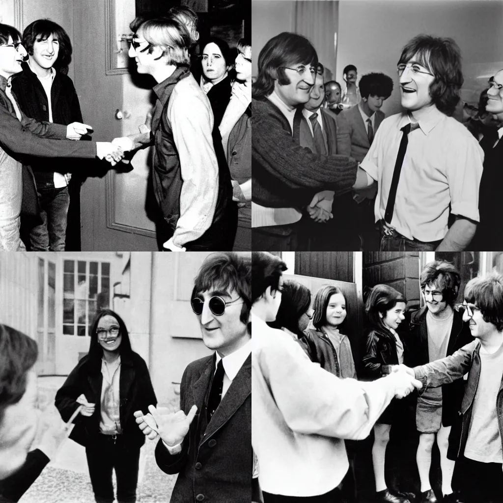 Prompt: john lennon meeting with minions, having a handshake, smiling to the camera, paparazzi photograph