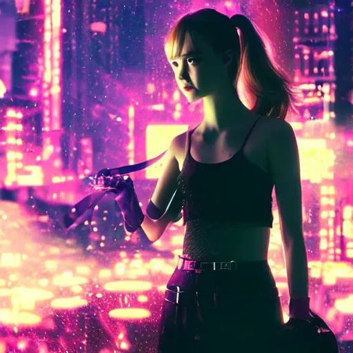 Image similar to a girl like (yoona, Elle Fanning), punching in a bag, background cyberpunk city, full shot, photo, volumetric lighting, epic composition, intricate details, dark neon punk, by KDA