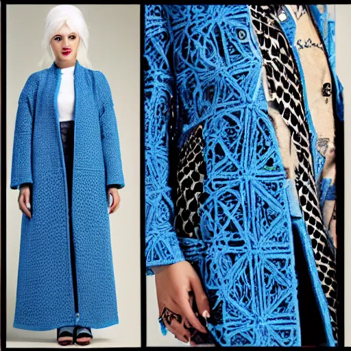 Image similar to fashion 2 0 5 0 fantastic openwork long coat with intricate pattern on a beautiful symmetrical girl with blue hair, hyper realistic photos