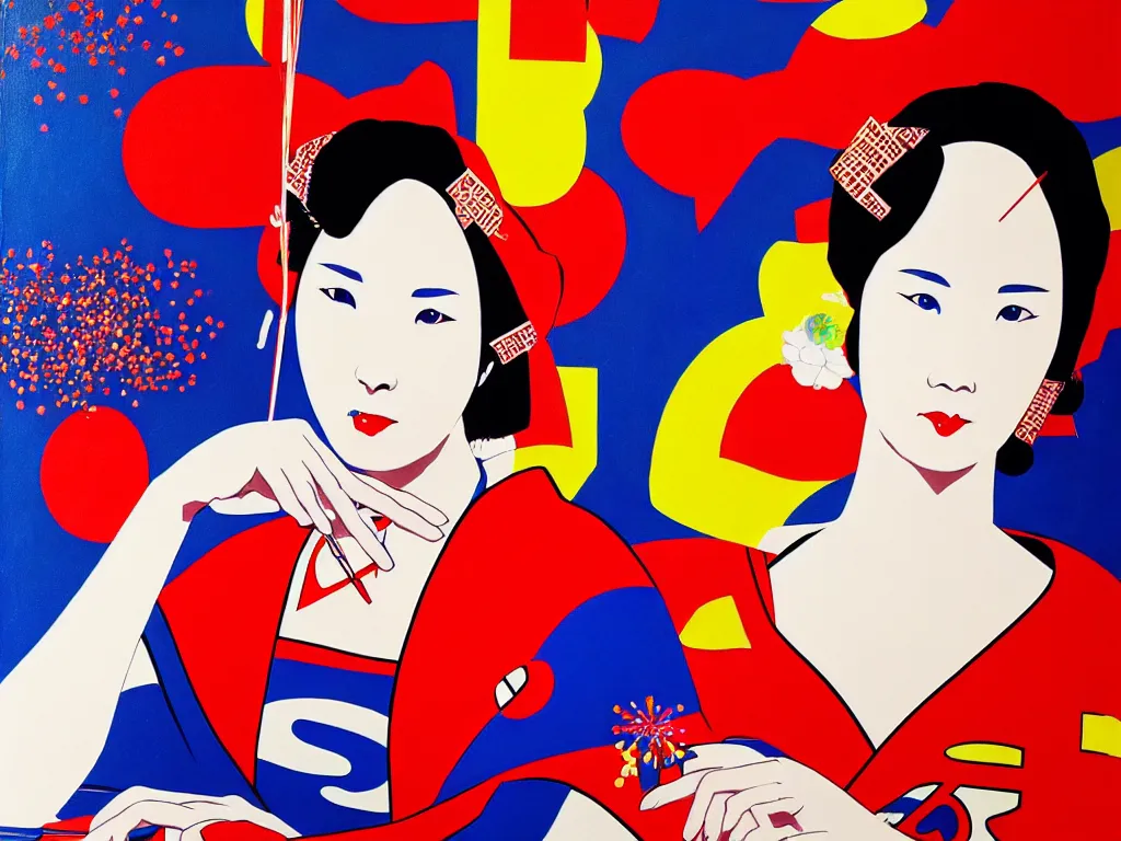 Image similar to hyperrealism composition of the detailed woman in a japanese kimono sitting at a poker table with superman, fireworks on the background, pop - art style, jacky tsai style, andy warhol style, acrylic on canvas