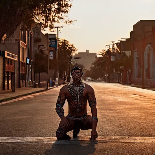 Prompt: empty street, kneeling mayan jaguar warrior, portrait, at dawn, by addy campbell, cinematography by quetzalcoatl