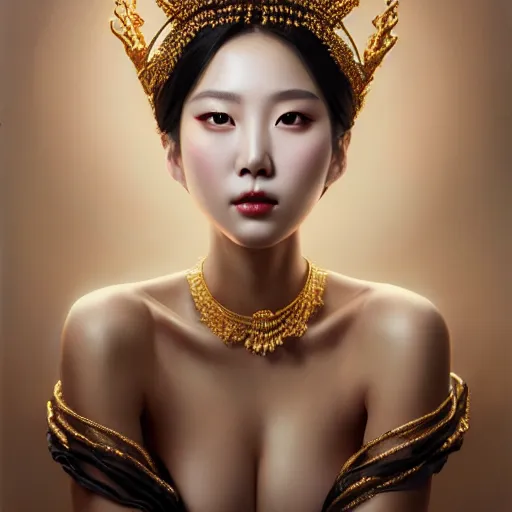 Prompt: expressive oil painting, of alluring korean princess, seductive look, smooth glowing skin, glistening body, love, adoration, ornate headpiece of black beads, glamour shot, slim, by yoshitaka amano, by greg rutkowski, by jeremyg lipkinng, by artgerm, digital art, octane render, white dress