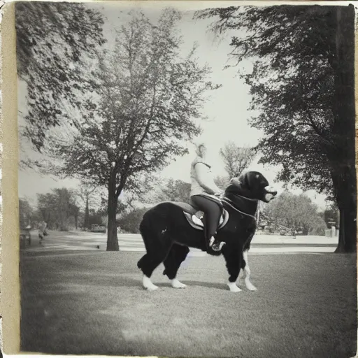 Prompt: a photograph of a woman riding a giant saint Bernard in the park,