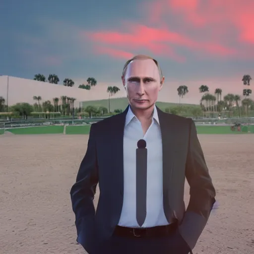 Image similar to hyperrealistic film still of vladimir putin at coachella, stunning 3 d render, dim volumetric cinematic lighting, 8 k octane comprehensive render, extremely hyper - detailed, incredibly lifelike attributes, intricate, real flesh texture, masterpiece