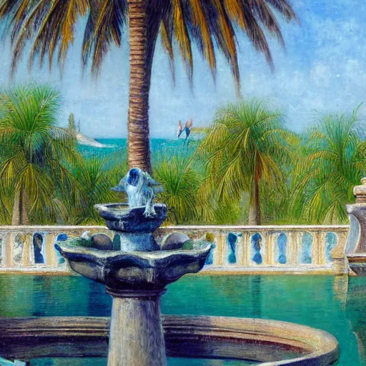 Image similar to a ultradetailed beautiful painting of a old fountain in the amazonas palace balustrade designed by jules bastien - lepage, tarsila do amaral, frank weston and gustave baumann, beach, trending on artstation, mediterranean, palm trees, sharp focus, soft light, 8 k 4 k