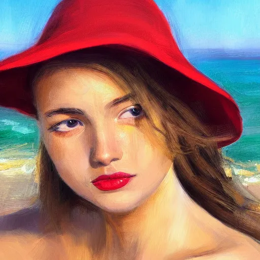 Prompt: beautiful oil matte portrait painting, young woman with red dress and mustard yellow summer hat at a beach on a sunny day, wonderful masterpiece highly detailed, beautiful cinematic light deep focus, elegant, digital painting, smooth, sharp focus, golden ratio, dramatic illumination, ultra realistic, 8 k, art by jenny saville