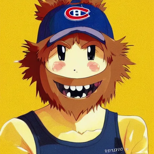 Image similar to anime Portrait of Youppi the Habs Montreal Canadiens Mascot as a very cute powerful and friendly pokemon, highly detailed anime, high evolution, 1990s, legendary, smooth, sharp focus, dynamic lighting, intricate, trending on ArtStation, illustration pokemon, art by WLOP