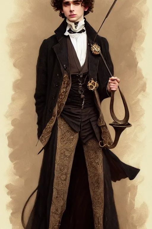 Image similar to Timothée Chalamet dressed in male Victorian fashion, D&D, fantasy, intricate, elegant, highly detailed, digital painting, artstation, concept art, matte, sharp focus, illustration, art by Artgerm and Greg Rutkowski and Alphonse Mucha