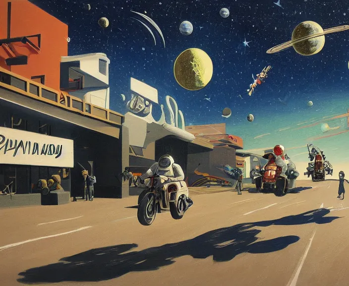 Prompt: a very detailed painting of a astronaut wearing a suit, riding a motorbike down a street on the moon, galaxy sky, there are planets in the sky, cinematic lighting, futuristic city, harley davidson motorbike, worm's - eye view, very fine brush strokes, very aesthetic, very futuristic, in the style of edward hopper and grant wood and syd mead, 4 k,