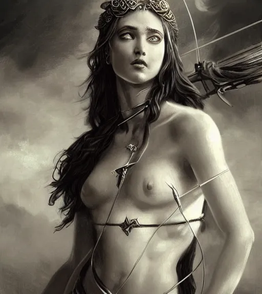 Image similar to beautiful young aphrodite goddess as an archer warrior, realistic face, beautiful eyes, black and white drawing, in the style of greg rutkowski, fantasy, amazing detail, epic, intricate, elegant, smooth, sharp focus