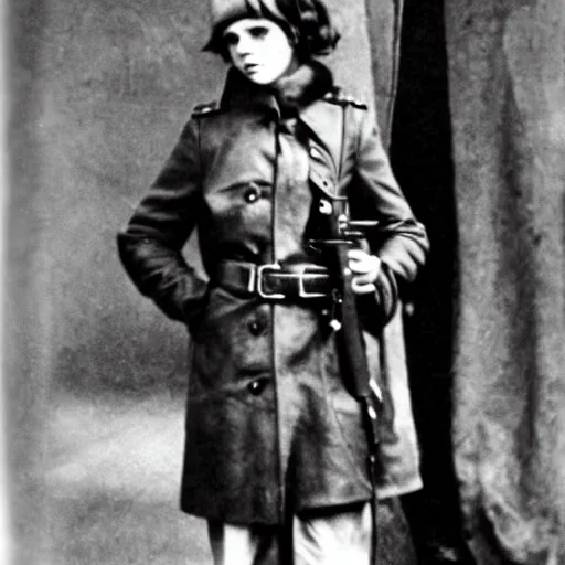 Image similar to photograph of soviet chekist comrade emma watson, posing in a long leather coat with a mauser c 9 6, vintage revolution photograph, famous photo