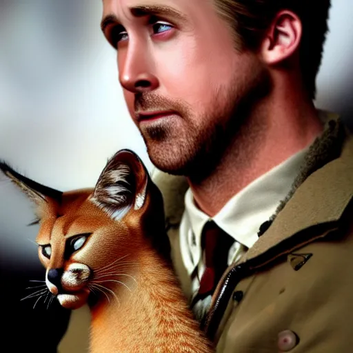 Image similar to Ryan Gosling holds a caracal cat in his hands, ultra highly detailed, smooth, sharp focus, elegant, artstation