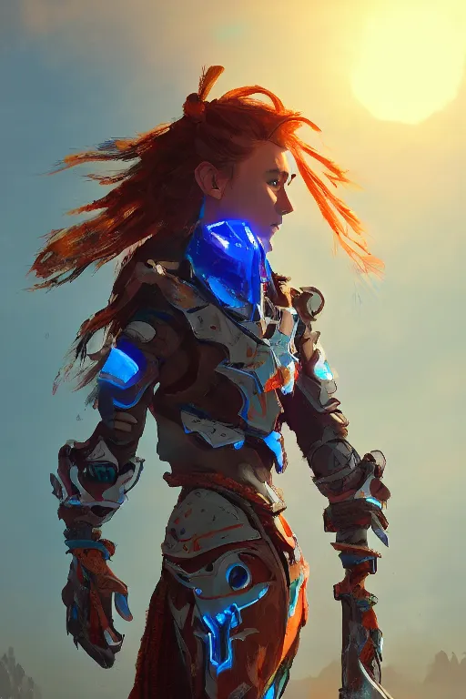 Image similar to combination suit armor aloy horizon forbidden west horizon zero dawn radiating a glowing aura global illumination ray tracing hdr fanart arstation by ian pesty and alena aenami artworks in 4 k tribal robot ninja mask helmet backpack