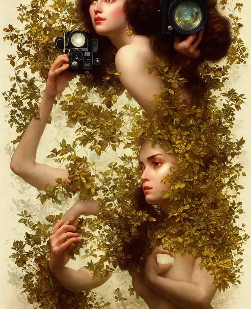 Image similar to hyper realistic photographer looking through a vintage medium format camera, magic pouring from lens, full body pose, design on white background, beautiful details, lush foliage cyberpunk, gold, drawn by john singer sargent, tom bagshaw, norman rockwell, alphonso mucha, lolish, trending on artstation