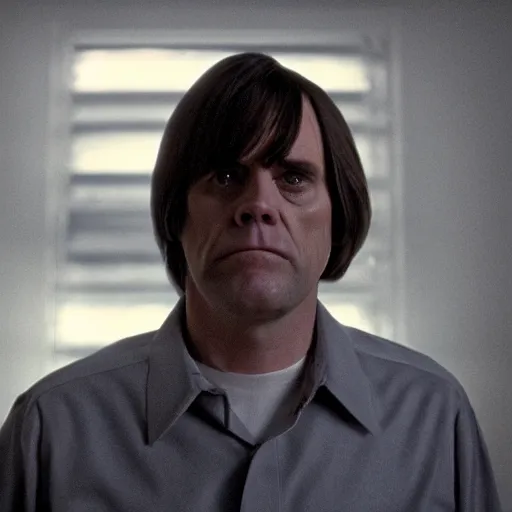 Prompt: Jim Carrey as Anton Chigurh, portrait, cinematic lighting, cinematic, kodak 2383 film