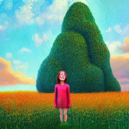 Image similar to huge flower head, girl standing in flower field, surreal photography, big trees, sunrise dramatic light, impressionist painting, colorful clouds, digital painting, pointillism, artstation, simon stalenhag