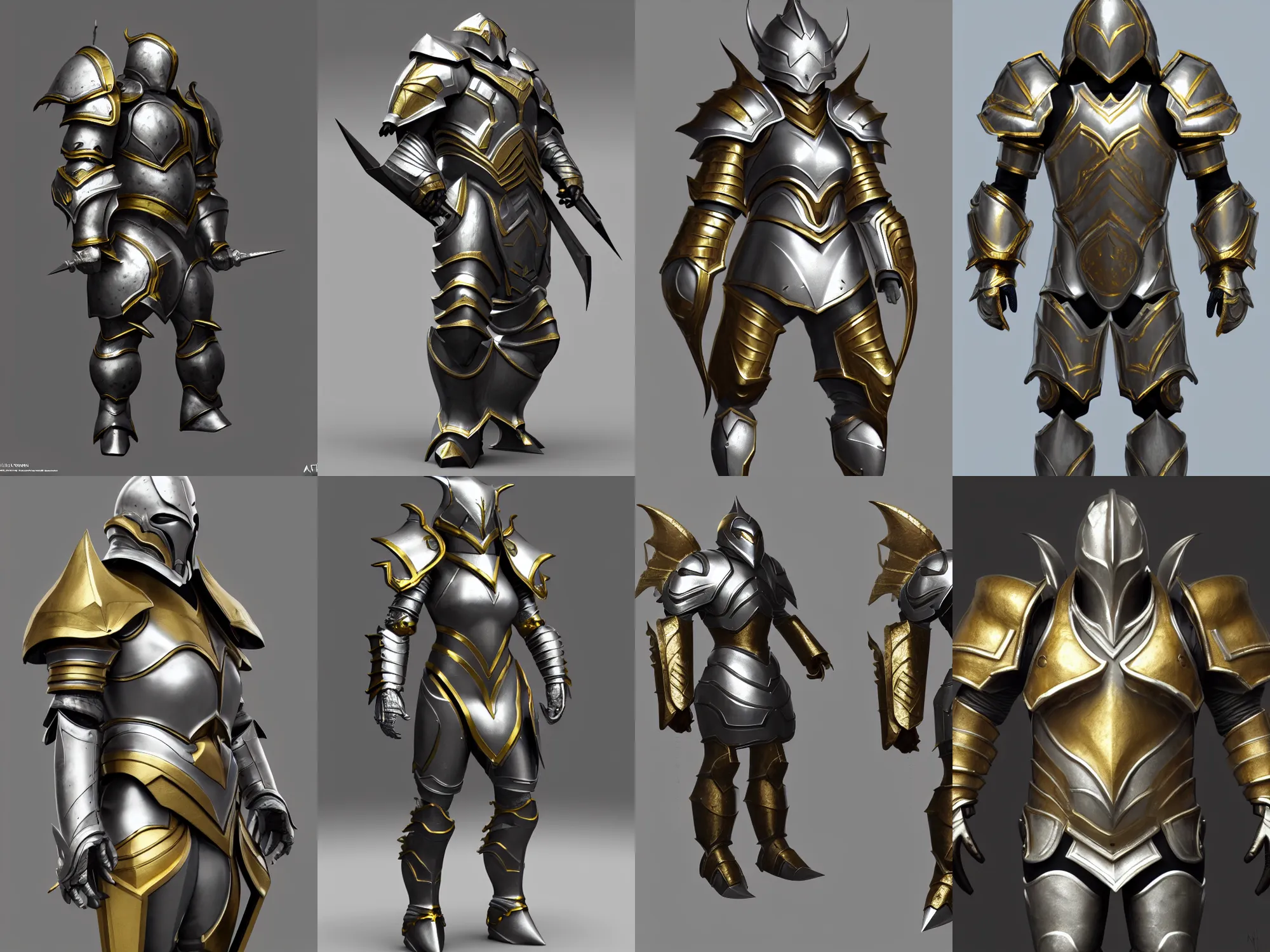 Prompt: render of heavy fantasy armor, silver with gold trim, hyperrealistic, extremely clean, flat shading, exaggerated proportions, trending on Artstation, fantasy character concept, HD Octane render