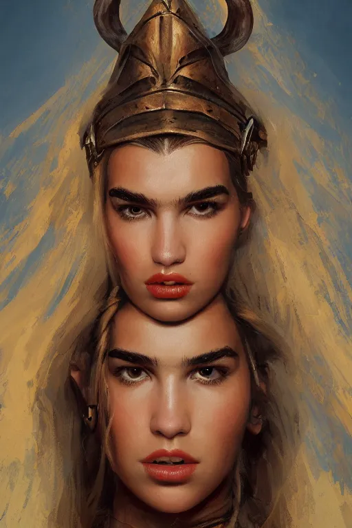 Prompt: leaning forward zingy portrait featuring a perfect dua lipa with saffron stunning blond braids as a viking, by steve henderson, trending on artstation, naturalism, steampunk, in - depth, lumen global illumination, 8 k, resolution, street art, steelpunk, voronoi minkowski