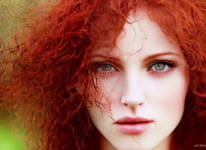 Image similar to award winning 5 5 mm close up face portrait photo of an anesthetic gorgeous redhead woman with small nose, blood - red wavy hair and intricate eyes, in a park by luis royo