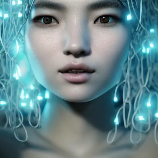 Image similar to intricate highly detailed face portrait of asian - european woman, light blue chrome vines on her face, intricate, cgsociety, unreal engine, octane render, sharp focus, smooth, volumetric lighting, cinematic composition, artstation