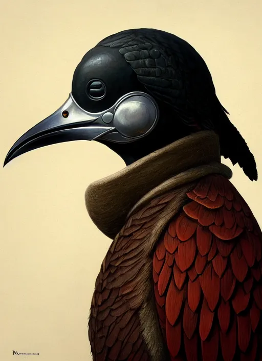 Image similar to rpg! profile! portrait of humanoid bird on white background, beak, feathers, plague doctor, intricate, highly detailed, digital painting, artstation, concept art, smooth, sharp focus, illustration, art by norman rockwell emiliano ponzi andrey remnev yoann lossel aaron jasinski, 8 k